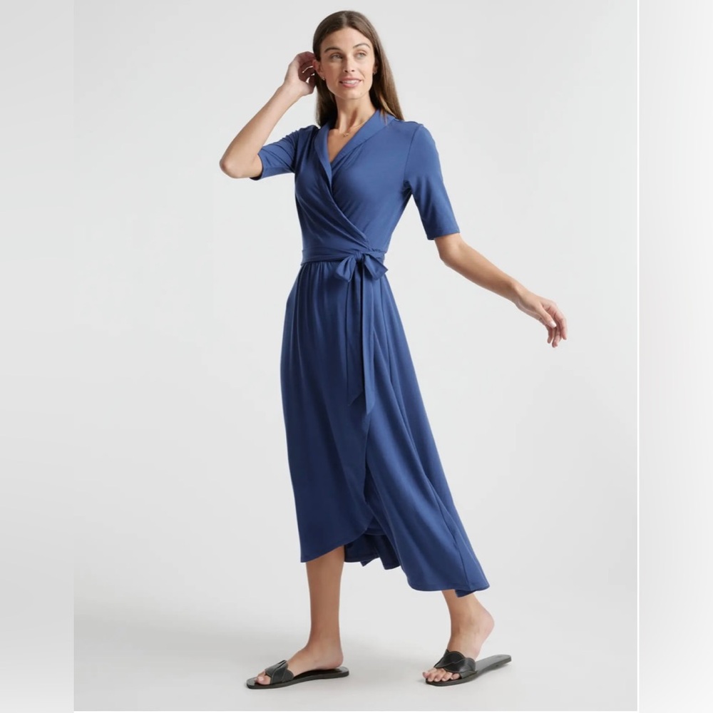 Quince Tencel Wrap Dress, Navy, M